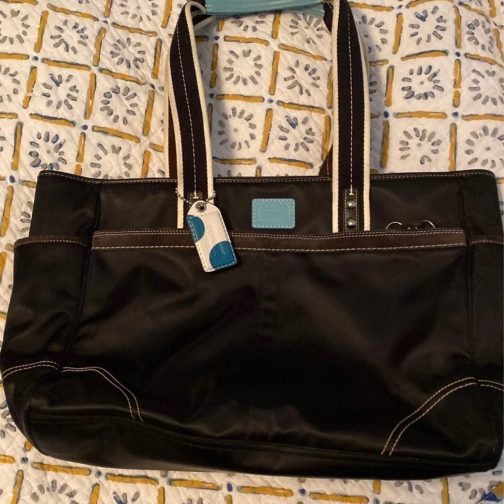Coach tote.  Black canvas w/teal and white accents.  Gently used.